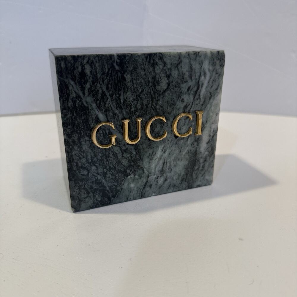 Vintage GUCCI Marble Paperweight Bookend Desk Decor Green Gold Brass Logo Block